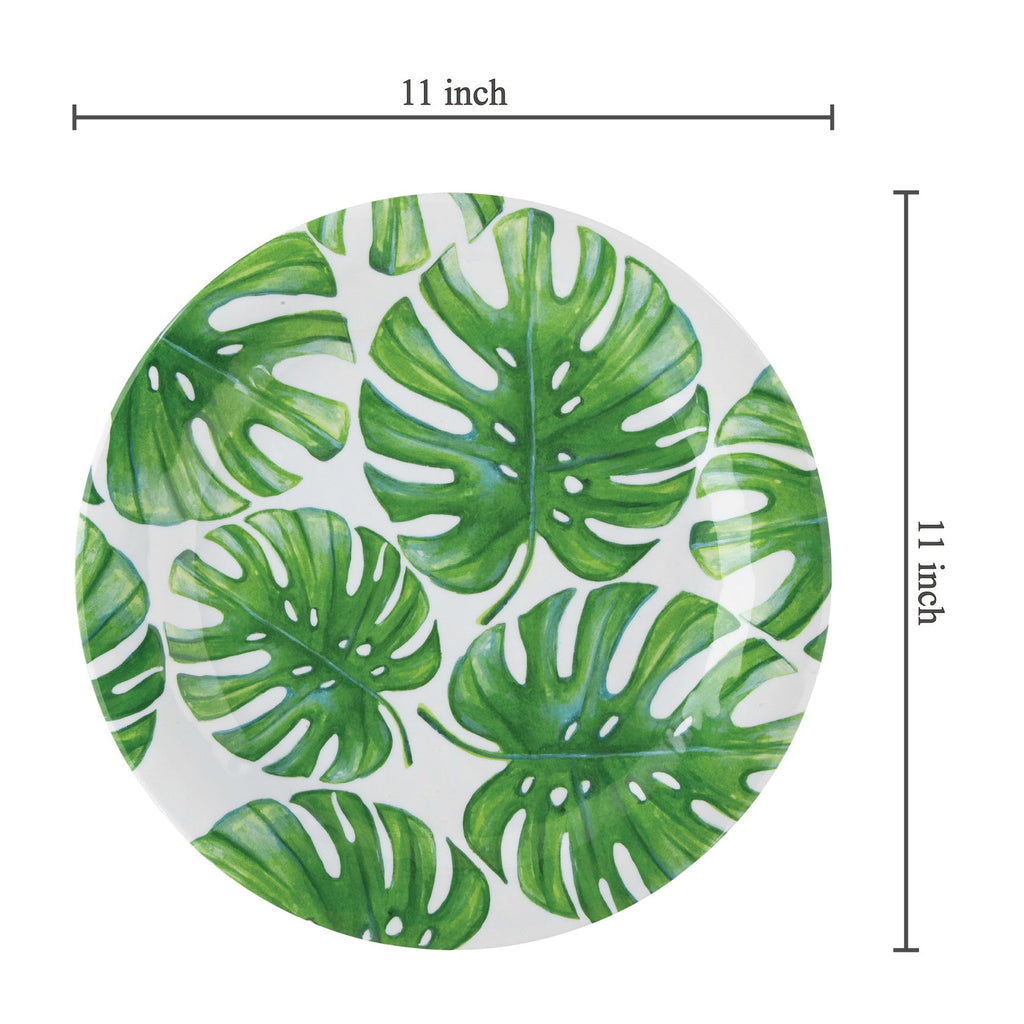UPware Monstera Melamine Dinner Plate Set, Round Plates for Main course, Pasta, and Salad, BPA-Free, Dishwasher Safe, Green, 11 Inch, Set of 6