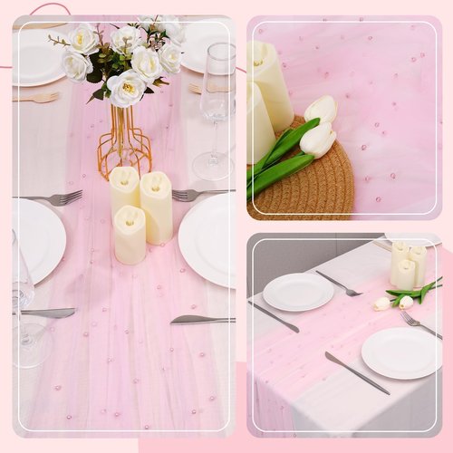 Hugestar Pearl Table Runner 10FT, 30 x 120 Inch Pink Boho Rustic Tulle Lace Table Runner for Spring Summer Birthday Baby Shower Wedding Party Table Decor
