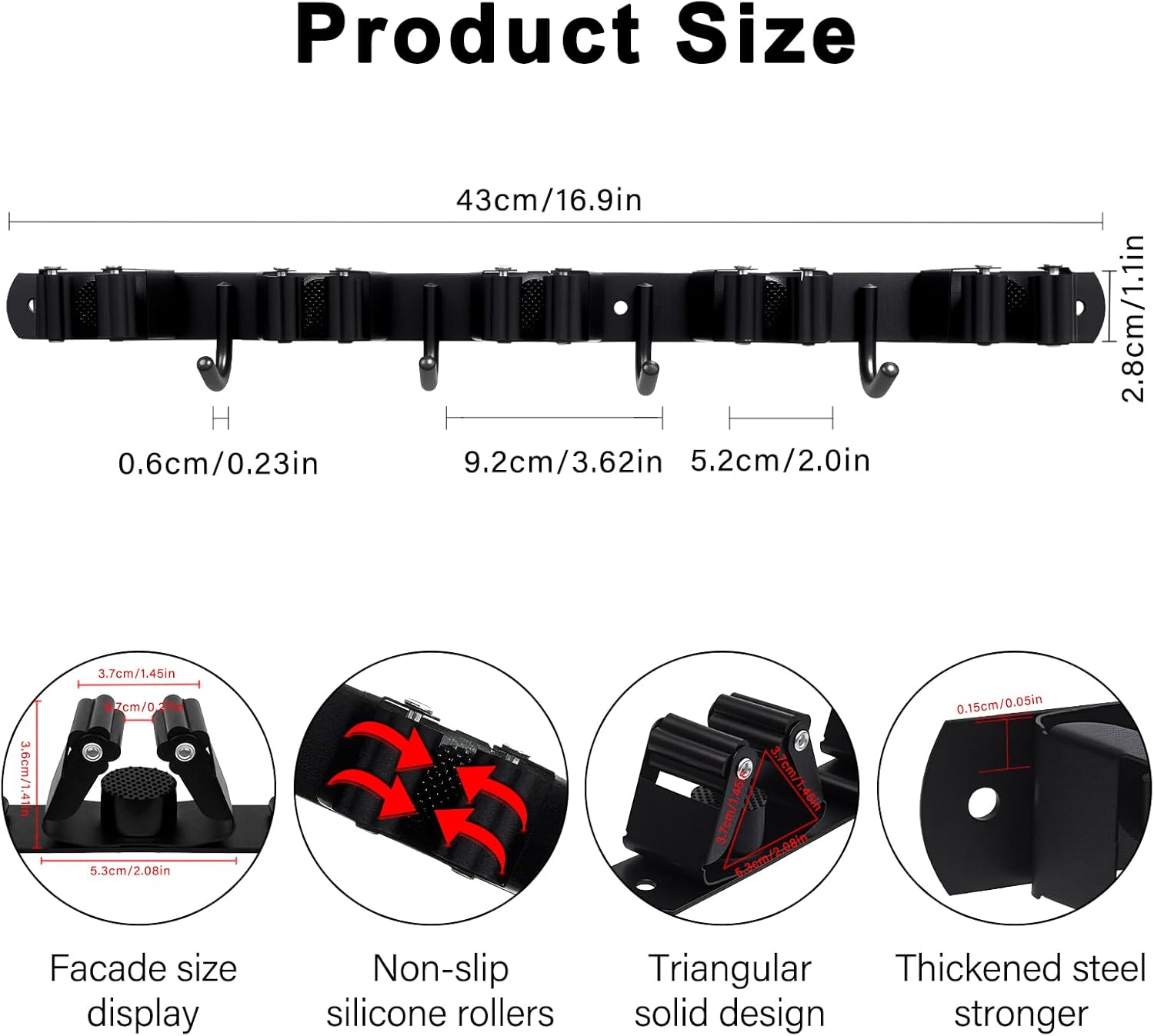Skiennix Mop and Broom Holder - Heavy Duty Wall Mount Organizer with 5 Racks & 4 Hooks | Non-Slip, Self-Adhesive