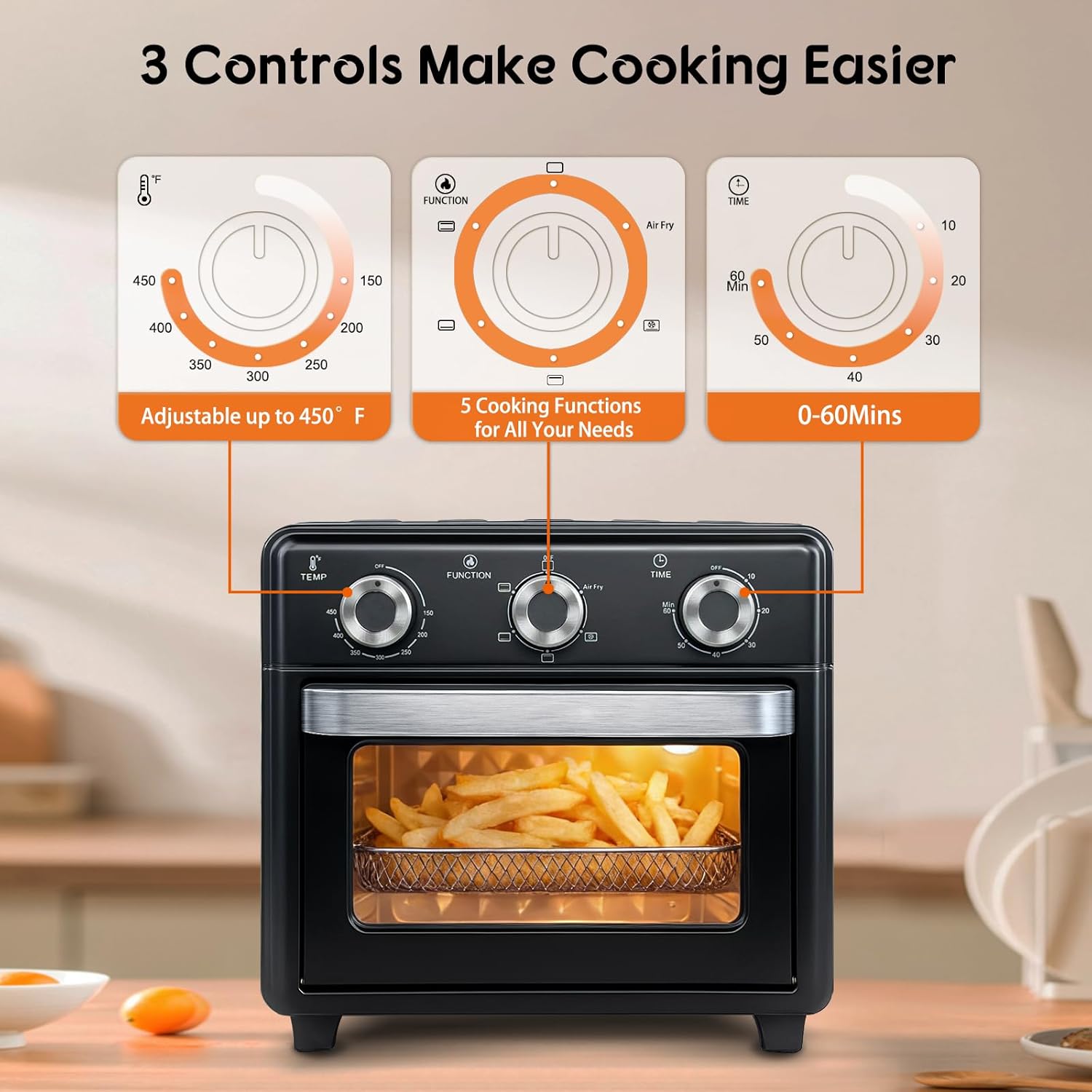 Skiennix 10QT Air Fryer Toaster Oven Combo - 5-in-1 Functions, 3-Layer Cooking, Visible Window, Ideal for Small Kitchens