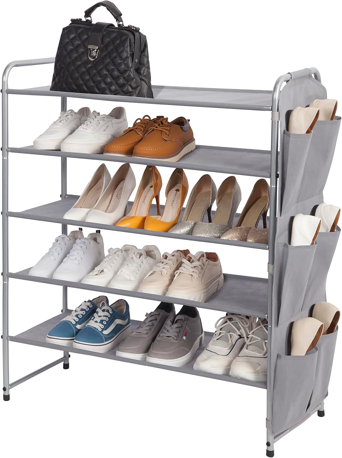 Storage Maniac 5-Tier Shoe Rack - 23-Pair Metal Organizer with Side Pockets | Compact Grey Design