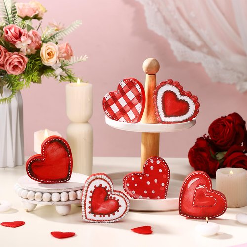 Cinnvoice 6 Pack Valentine's Day Wood Heart Sign Heart Tiered Tray Decor Wooden Valentines Decorations Red Pink Blocks for Table Weeding Anniversary Party(Classic)