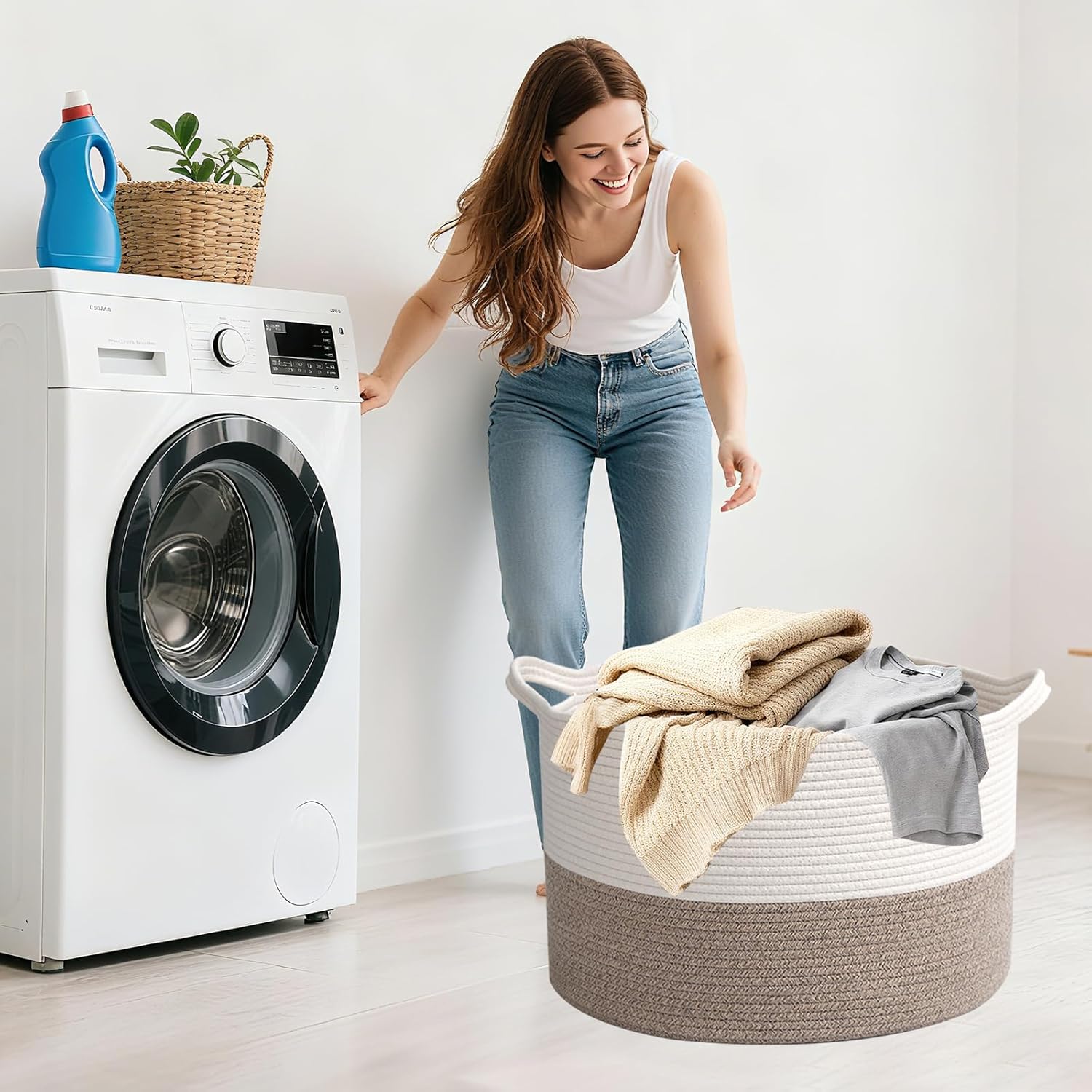 Regine Switzerland 65L Large Woven Cotton Rope Basket - Stylish Laundry Hamper for Bedroom & Living Room, White & Brown