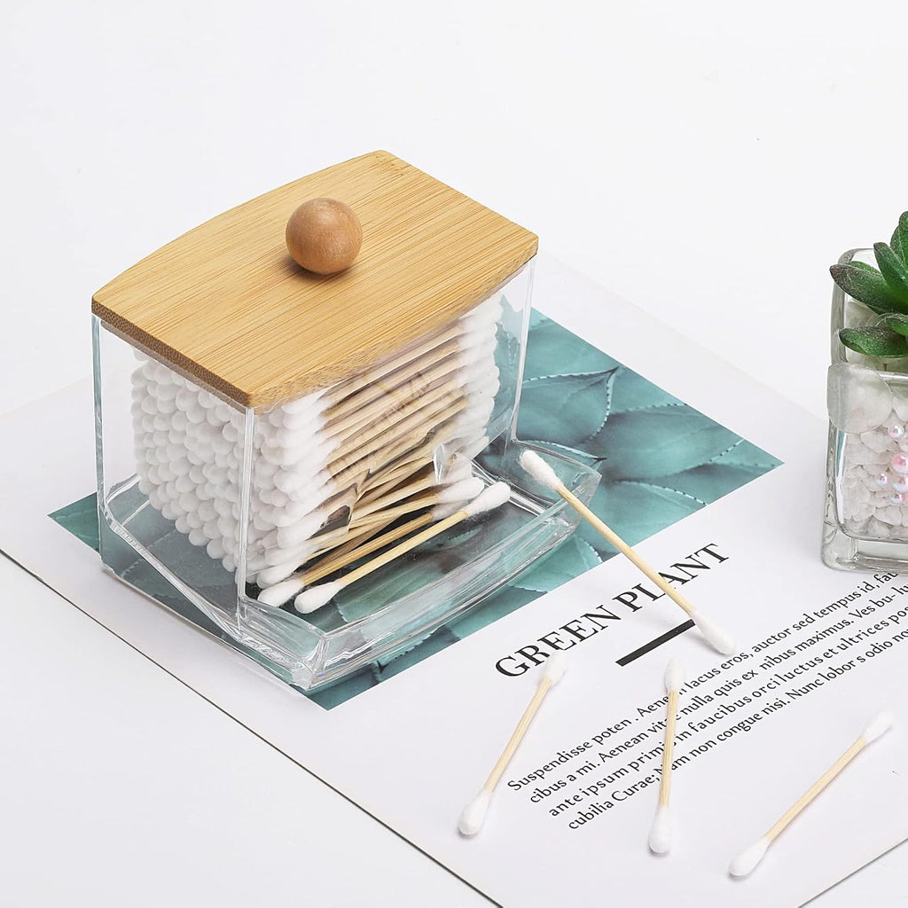 Tbestmax Qtip Holder Dispenser - 10oz Clear Bathroom Organizer with Bamboo Lids for Cotton Swabs & Accessories
