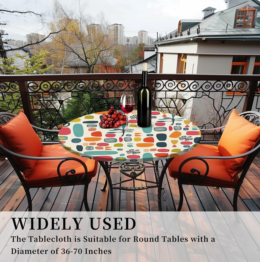 Skiennix Waterproof Tablecloth - Elastic Fit for Round Tables 36"-70" | Indoor & Outdoor Use, 60" Geometry Design