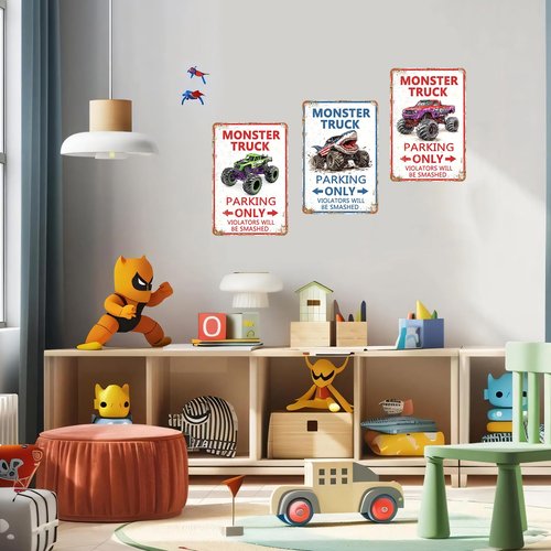 Monster Truck Parking Only Metal Sign, Boys Bedroom Monster Truck Parking Wall Decor, Birthday Decorations Party Supplies, Monster Truck Wall Decor Poster for Boys Kids, 8x12 Inch