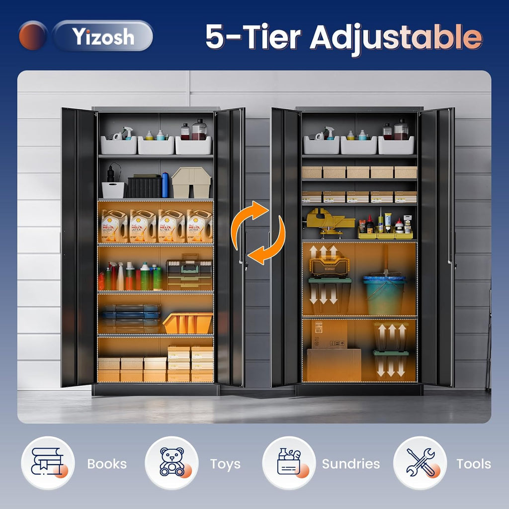 Yizosh Metal Storage Cabinet - 72" Lockable Garage Cabinet with 2 Doors & 5 Adjustable Shelves, Black Steel