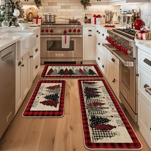 Artoid Mode Red Xmas Trees Buffalo Plaid Merry Christmas Kitchen Mats Set of 3, Winter Decor Low-Profile Kitchen Rugs for Floor - 24"x35"+24"x59"+24"x72"