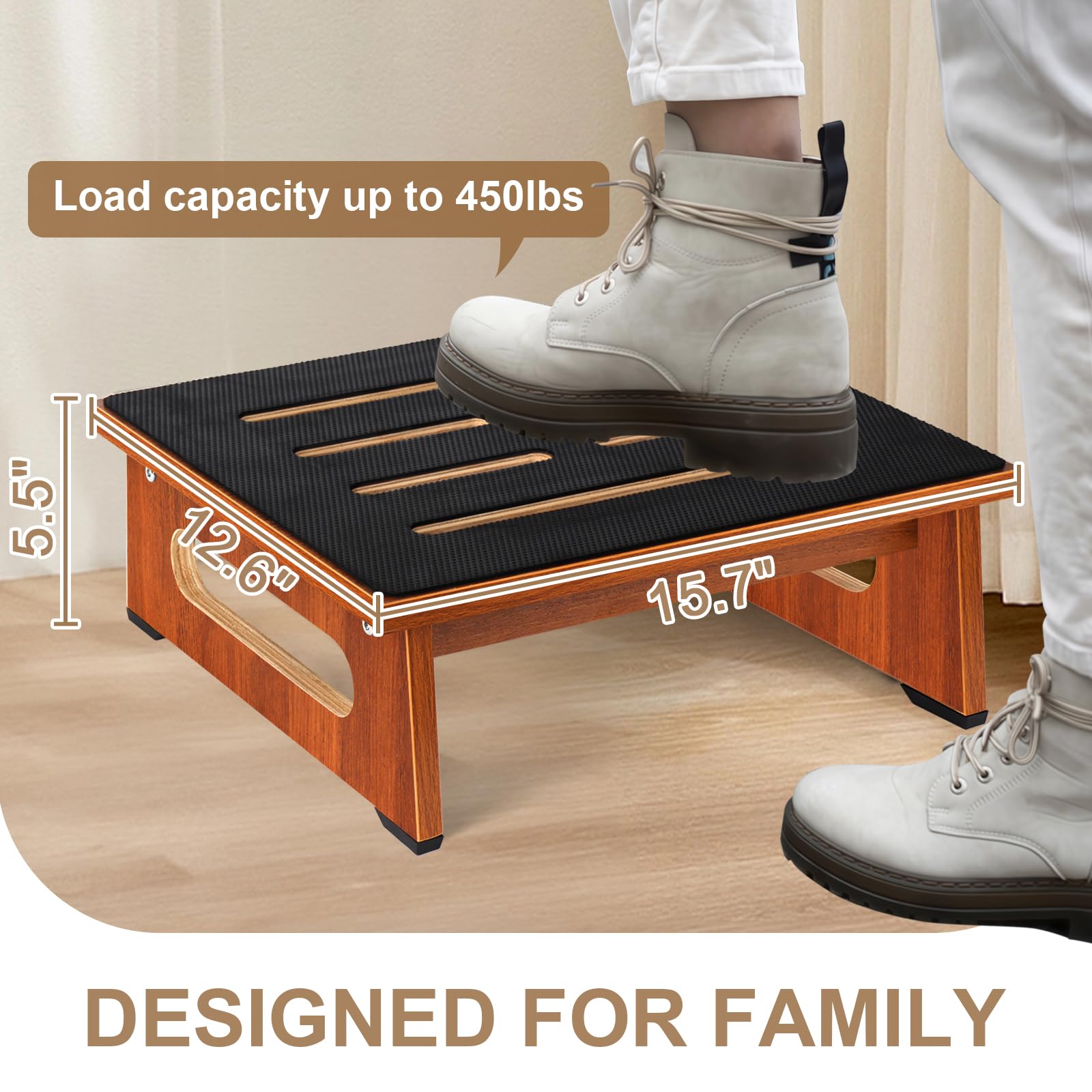 Step Stool, Bed Steps for High Beds for Adults with Non-Slip Rubber Stepping Surface and Handles, 450 LBS Capacity for Bedroom Kitchen Bathroom, or Bedside, Senior Support (Brown)