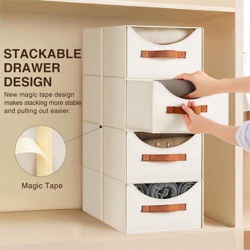 Homsorout Stackable Storage Drawers - Large Collapsible Bins for Closet Organization | 4-Pack Light Beige