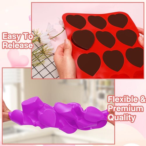 3 Pieces Heart Silicone Molds 12 Cavities Chocolate Mold Non-Stick Silicone Heart Shaped Mold Baking Valentines Molds for Making Soap Chocolate Jelly Candy (Red, Purpel, Pink)