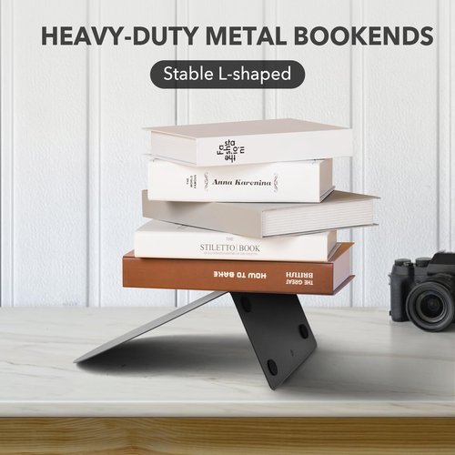 Hiziwimi Metal Book Ends for Shelves - 6Pcs Bookends for Heavy Books Non-Skid Decorative Book Stopper to Hold Books/CDs for Home Office School and Desktop Organizer, Black