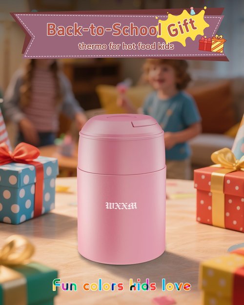 WXXM 10oz Soup Thermo for Hot Food Kids Insulated Food Jar with Spoon Wide Mouth Stainless Steel Lunch Container Leak Proof Vacuum Food Box for School Travel Picnic Pink