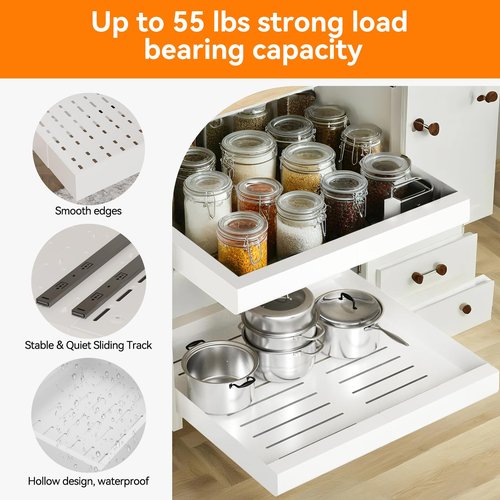 2 Pack 21'' Deep Pull Out Cabinet Organizer Expandable Width (12.6'' to 21'') Slide Out Drawers Pull Out Drawers Fixed with Adhesive Nano Film or Nail for Kitchen Bathroom Organization, White