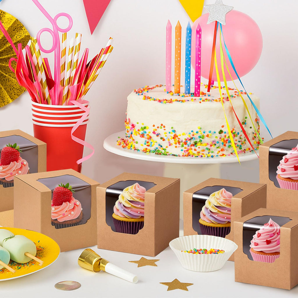 VGOODALL 20PCS Cupcake Boxes, 3.5"x3.5"x3.5" Individual Cupcake Containers Pre-Assembled Containers with Window and Inserts for Wedding Baby Shower Birthday Party Supplies