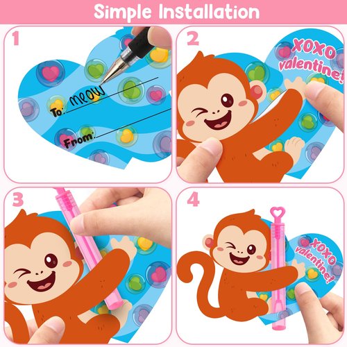 LEASEN Valentines Day Gifts for Kids, 28 Pack Mini Bubble Wands with Greeting Cards Valentines Animal Themes for Kids, Valentine's Day Classroom Exchange Gifts School Prizes Party Favor