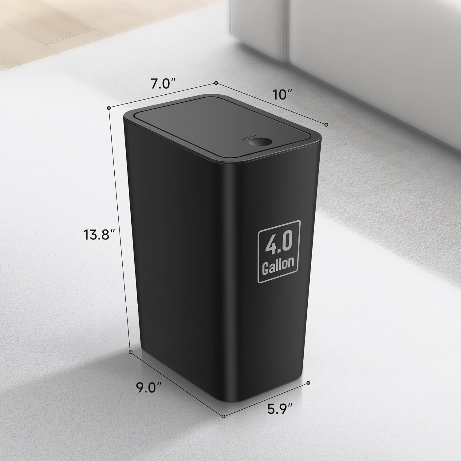 TIPGO Bathroom Trash Can - 4 Gallon Press Top Wastebasket with Pop-Up Lid | Black Plastic Design for Home & Office