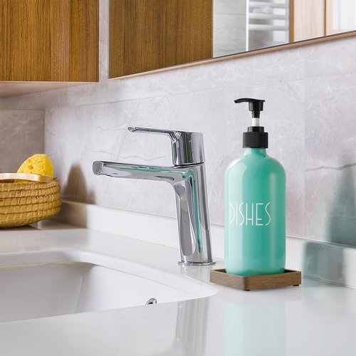 Turquoise Glass Dish Soap Dispenser with Acacia Wood Tray, 16 oz Refillable Kitchen Soap Pump Bottle, Decorative Teal Countertop Soap Dispenser Set for Kitchen, Bathroom, Restaurant