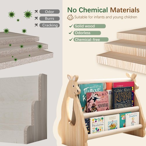 Lullulii Double Sided Kids Bookshelf – 2 Tier Portable Toddler Bookshelf, Book Shelf for Kids Rooms & Playroom, Cute Kangaroo Design Wooden Montessori Baby Bookshelf,Toddler Book Display Shelve,Nature