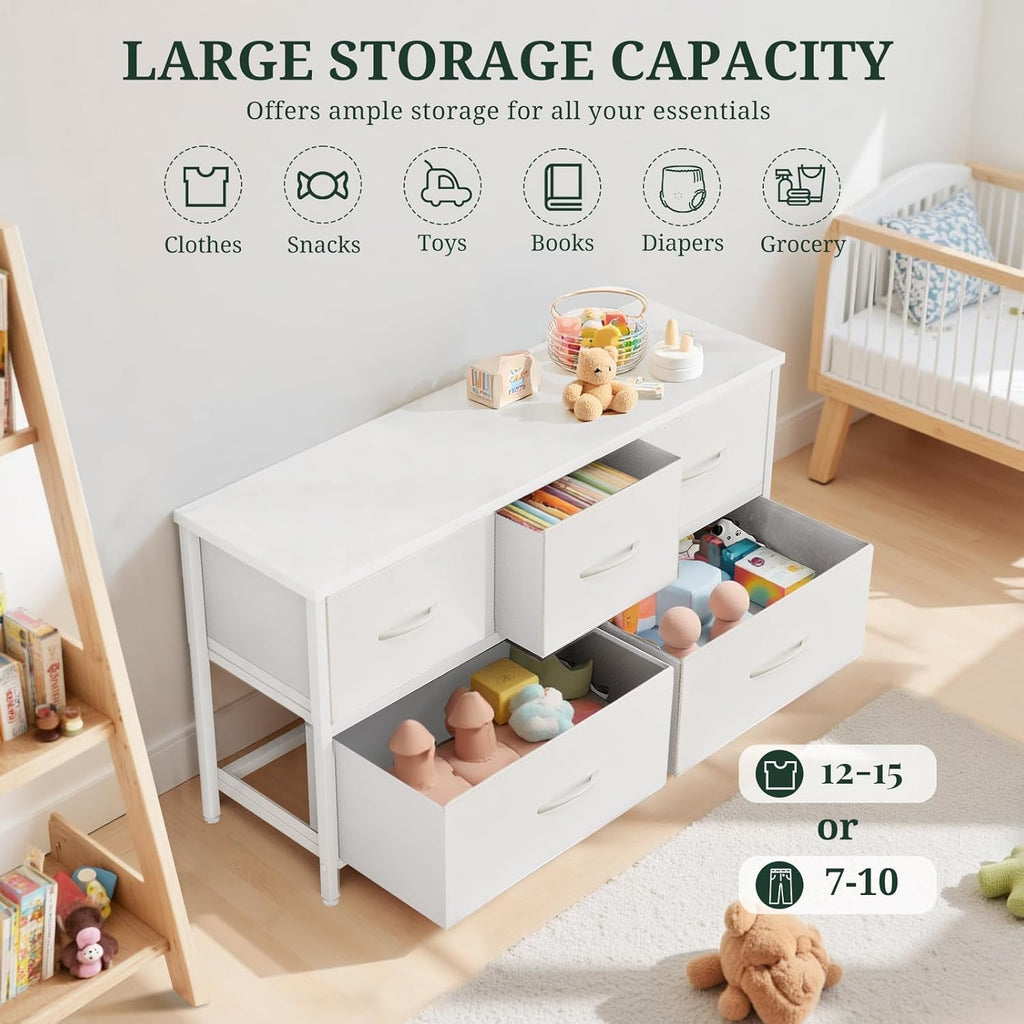 Regine Switzerland 5-Drawer Dresser - Anti-Tip Fabric Storage Organizer with Wooden Top | White Finish for Bedroom & Living Room