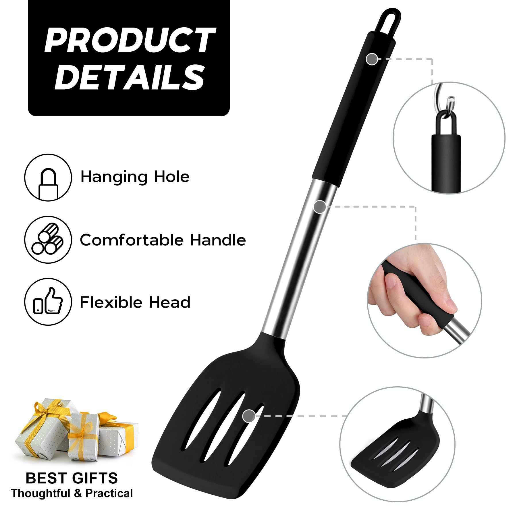 Onader Kitchen Utensils Set, 15 Pcs Silicone Cooking Utensils Set with Holder and Heat Resistant Stainless Steel Handle for Nonstick Cookware - Black
