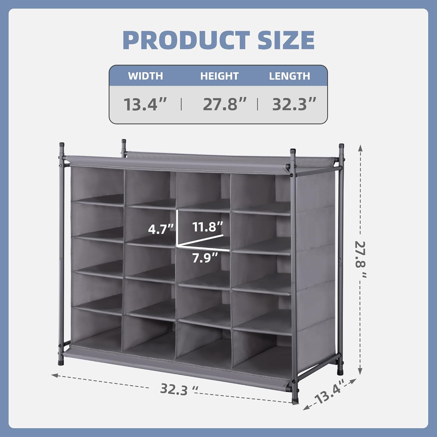 Storage Maniac Stackable Shoe Cubby Organizer - 20-Cube Free Standing Rack for Entryway & Closet | Gray