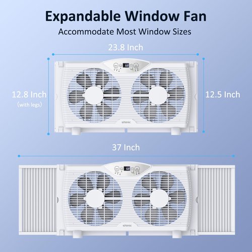 shinic Twin Window Fan, 9-Inch Blades Reversible Airflow, Thermostat Control, 3 Speeds, 3 Functions, 23.8"-37" Expandable Width, Window Exchaust Fans for Home Bedroom, ETL Certified