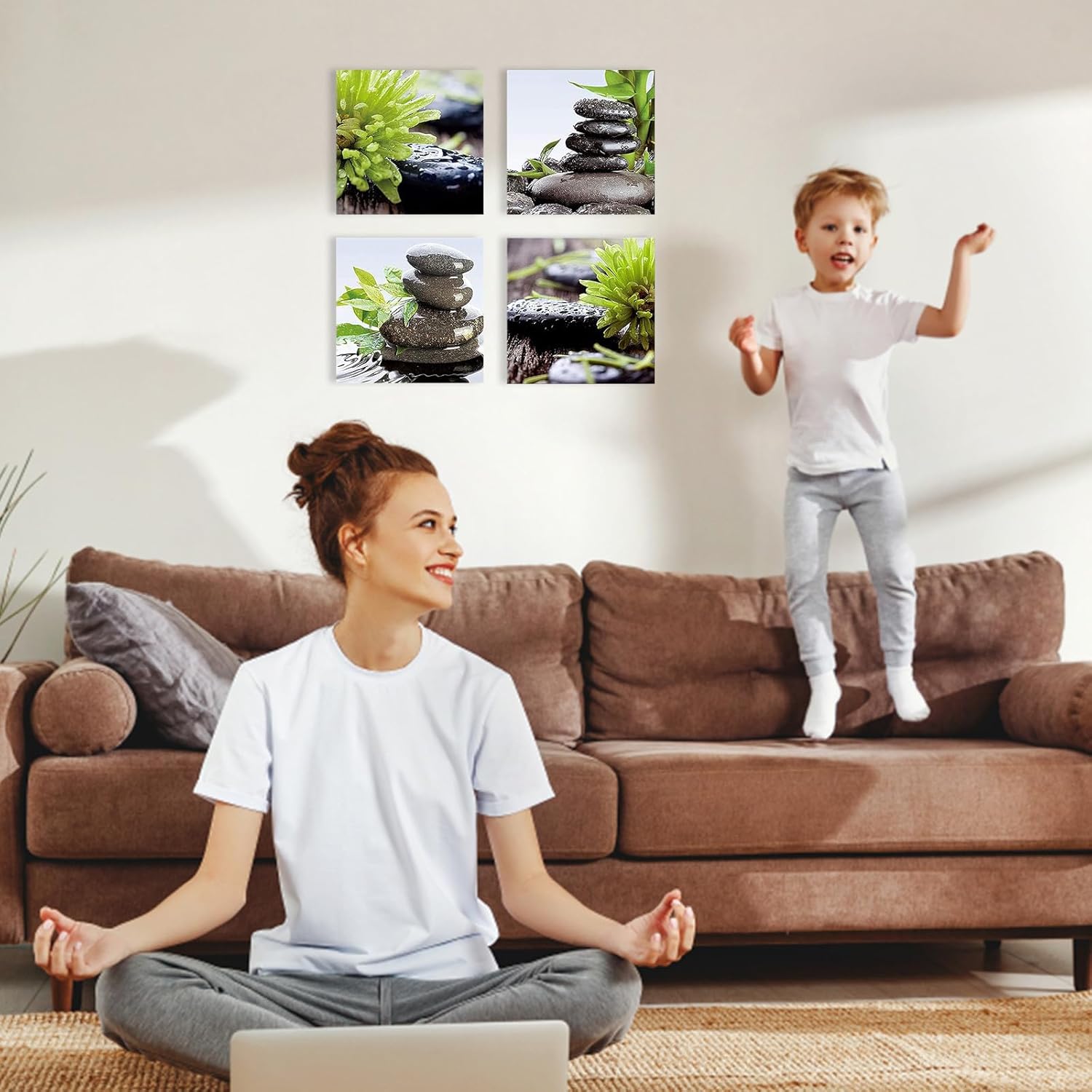 Zen Art Bathroom Wall Decor - Framed Meditation Canvas Art | Calming Green Plant Pictures, Set of 4 (12" x 12")