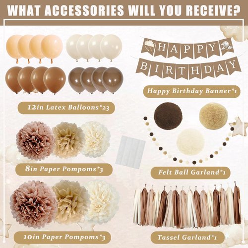 Birthday Decorations for Girls Boys, Brown Happy Birthday Banner with Felt Ball Garland Paper Pompoms Tassel Garland, Beige Cream Neutral Boho Birthday Party Balloons for Women Men Baby Shower