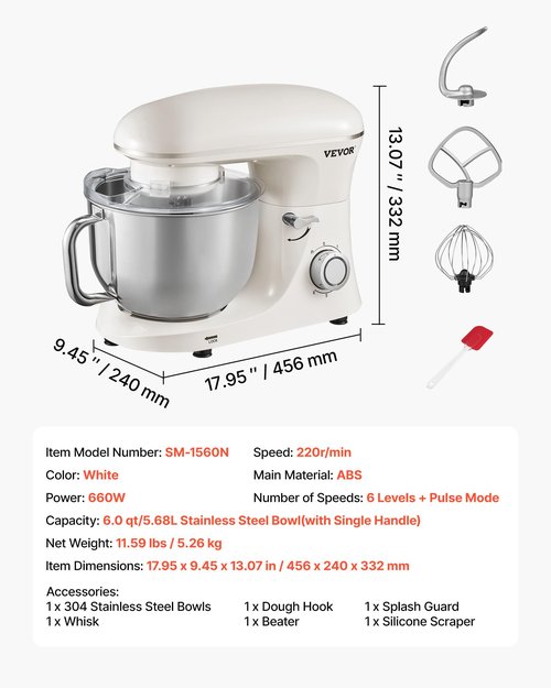VEVOR Stand Mixer, 6 QT Dough Mixer, 660W 6 + P Speeds Tilt-head Food Mixer with Stainless Steel Bowl, Dough Hook, Wire Whip, Flat Beater, Scraper, Household Stand Mixer for Baking & Mixing, White