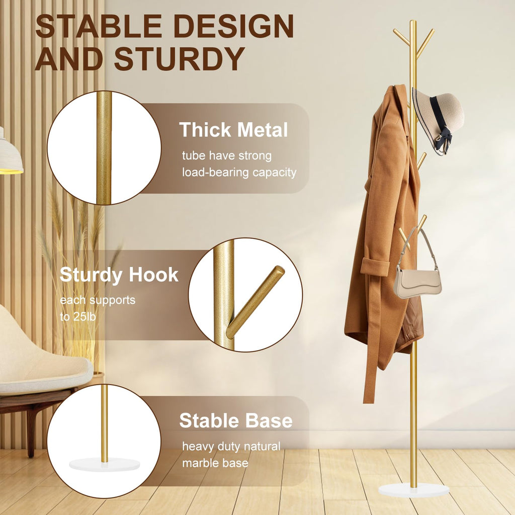Wtiujhg Coat Rack, Metal Freestanding Coat Rack with 8 Hooks, Sturdy Coat Tree with Natural Marble Base for Coats, Hats, Scarves and Handbags for Entryway, Hallway, Bedroom, Office,Dorm (Gold)