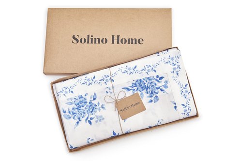 Solino Home Blue Floral Print Table Runner 60 inch - 100% Pure Linen Table Runner 14 x 60 Inch for Winter, Spring, Easter - Handcrafted and Machine Washable - Jolie Fleur Print