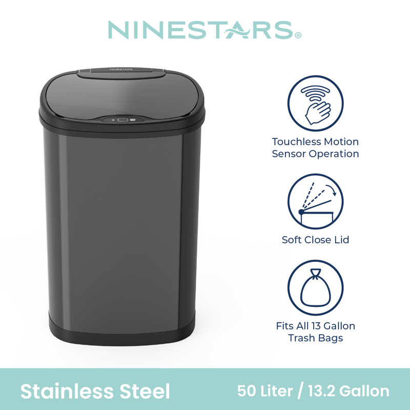 Automatic Kitchen Trash Can - 13.2 Gallon Stainless Steel, Motion Sensor, Soft Close Lid - Black