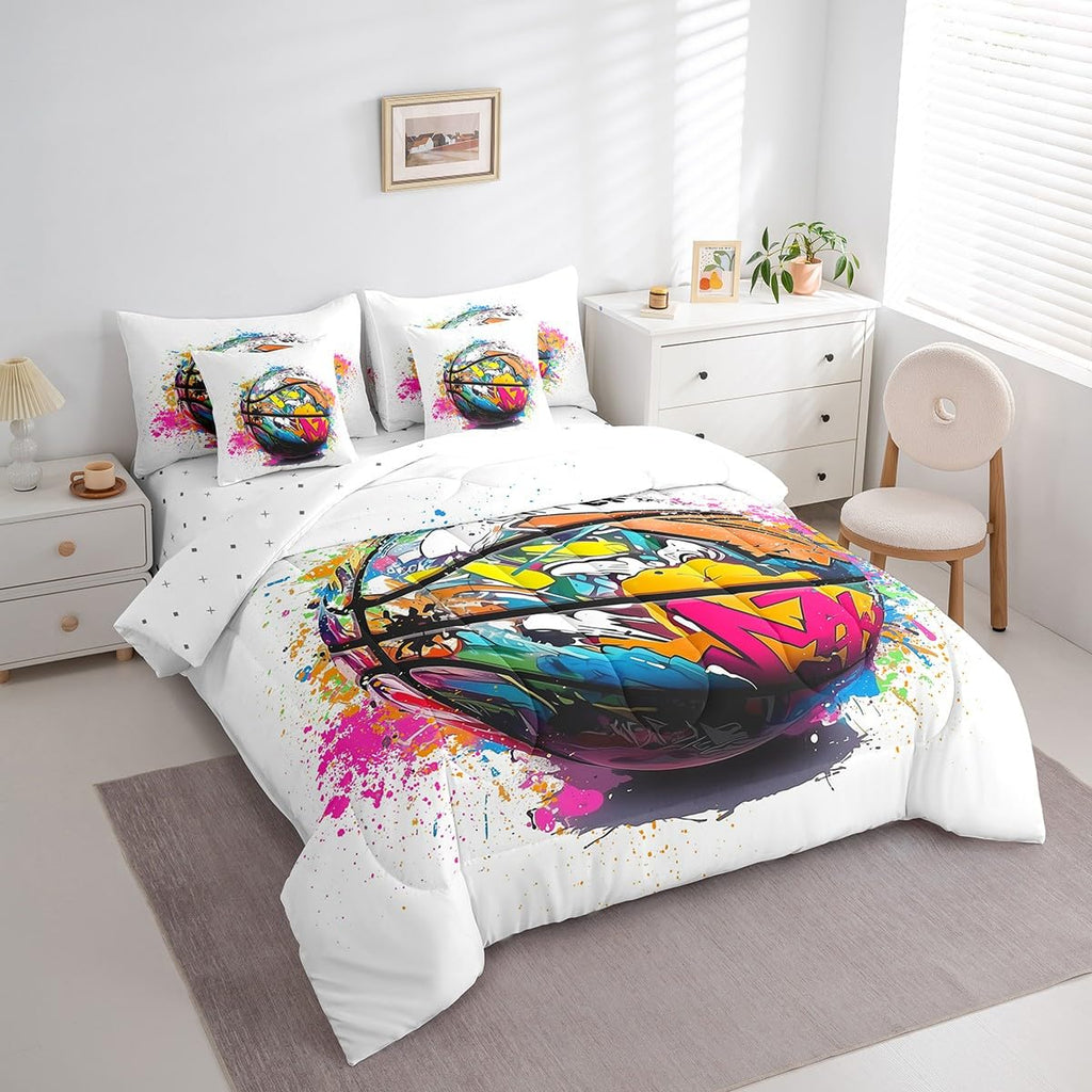Feelyou Basketball Kids Comforter Set 7pcs, Sports Bed Set Queen for Boys Girl, Basketball Bedding with 1 Comforter,1 Fitted Sheet,1 Flat Sheet,2 Pillowcases,2 Throw Pillow Cover