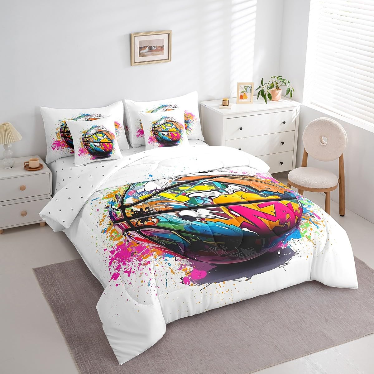 Feelyou Basketball Kids Comforter Set 7pcs, Sports Bed Set Queen for Boys Girl, Basketball Bedding with 1 Comforter,1 Fitted Sheet,1 Flat Sheet,2 Pillowcases,2 Throw Pillow Cover