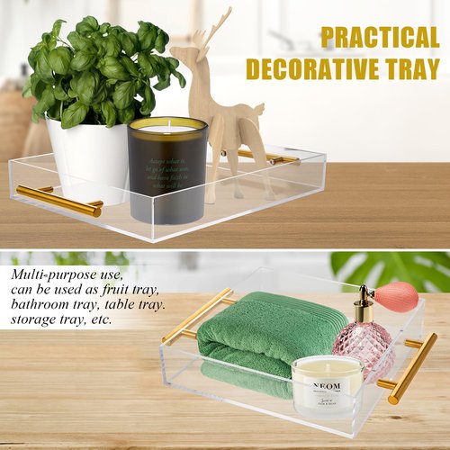 3 Pack Clear Acrylic Serving Tray with Gold Handles, Spill-Proof Acrylic Tray, Decorative Organizer Tray for Coffee Table Countertop Bathroom Vanity Appetizer Breakfast