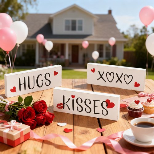 3Pcs Valentine's Day Decoration Reversible Wooden Table Centerpiece Blocks Double Sided Printing Valentine Day Hugs and Kisses Sign St Patrick's Wood Tabletop for Tiered Tray Shelf Office Desk Home Indoor