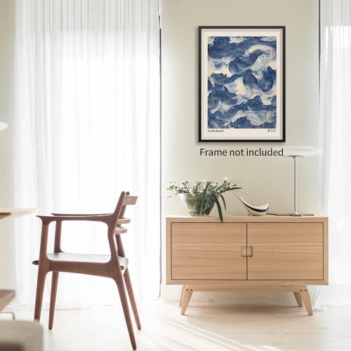 Japanese Blue Waves Wall Art | Vintage Japandi Wabi Sabi Canvas Print - Abstract Giant Waves, 12x16 Inch Unframed