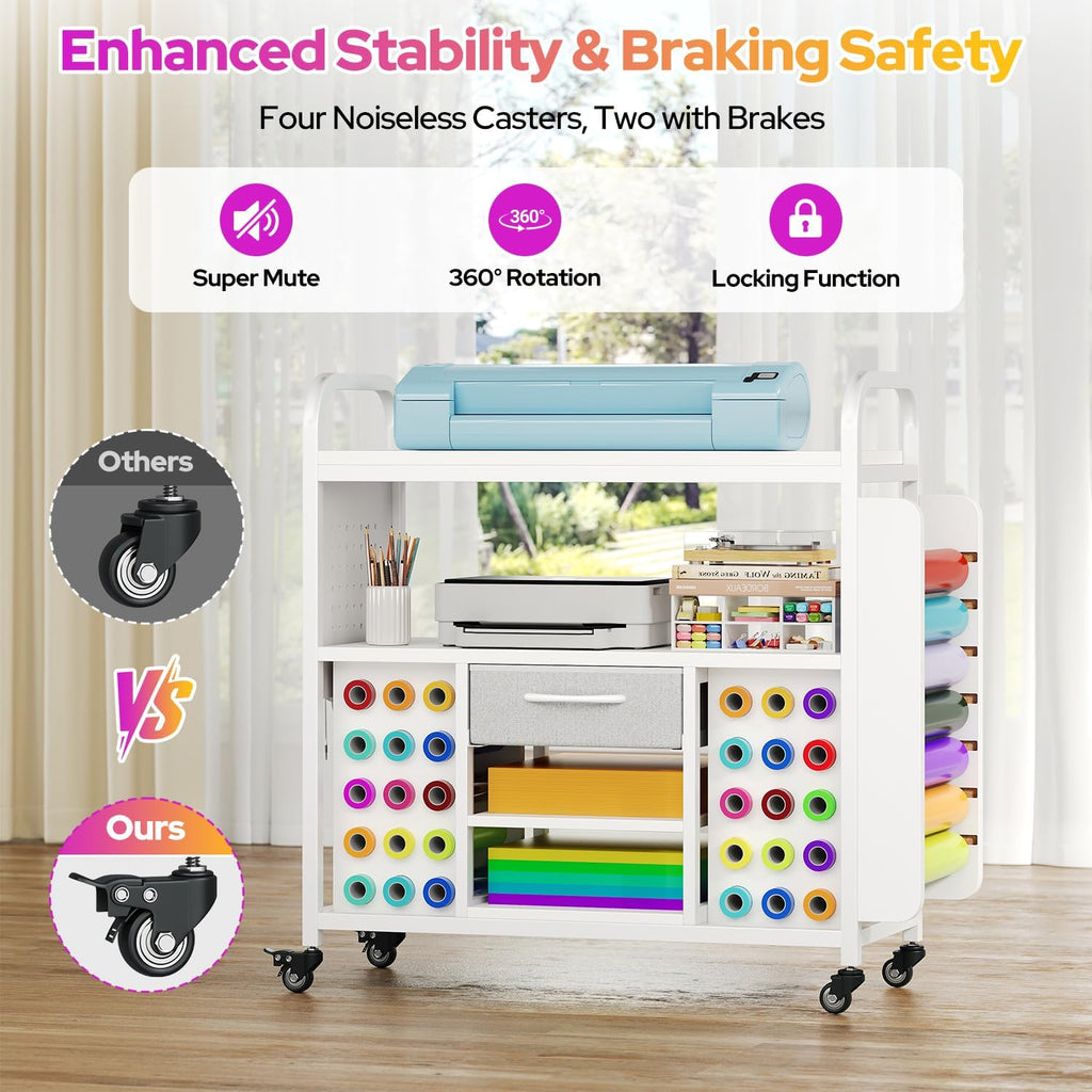 Skiennix Craft Organization Cart - Rolling Storage Table with Vinyl Roll Holder & Drawer - Large, Versatile Design