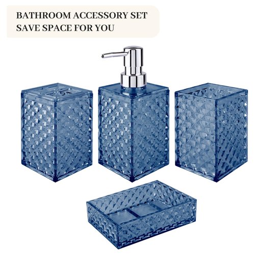 Bathroom Accessory Set, Grid Pattern 4 Pcs Plastic Bathroom Set Include Soap Dispenser, Soap Dish, Toothbrush Holder, Mousewash Cup, Modern Bahtroom Décor Set, Space Save for Bathroom(Dark Blue)