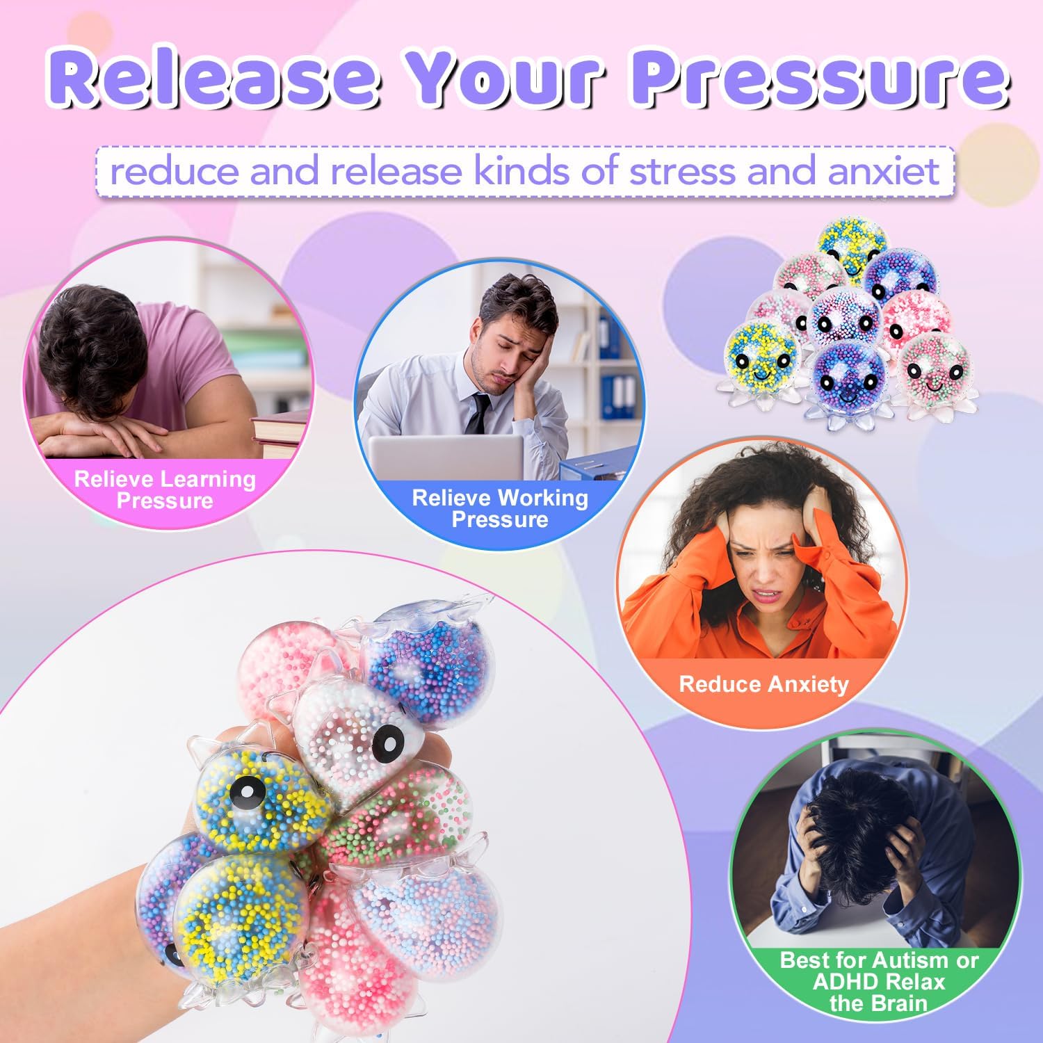 Skiennix Fidget Stress Balls - 12 Pack Cute Octopus Design for Adults | Stress Relief & Party Favors