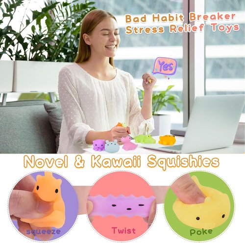 LEEHUR Kawaii Squishies - 100PCS Mini Stress Relief Fidget Toys for Kids' Party Favors | Includes Storage Bag