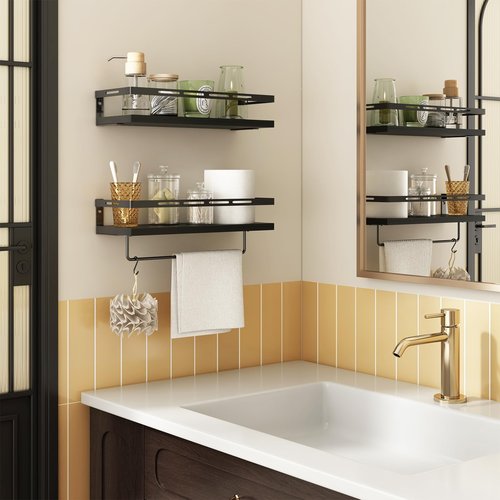YGEOMER Floating Shelves for Bathroom Organizer Over Toilet, Wall Mounted Bathroom Shelves with Towel Bar, Wall Shelf for Bedroom Kitchen Living Room Storage (Black-Black)