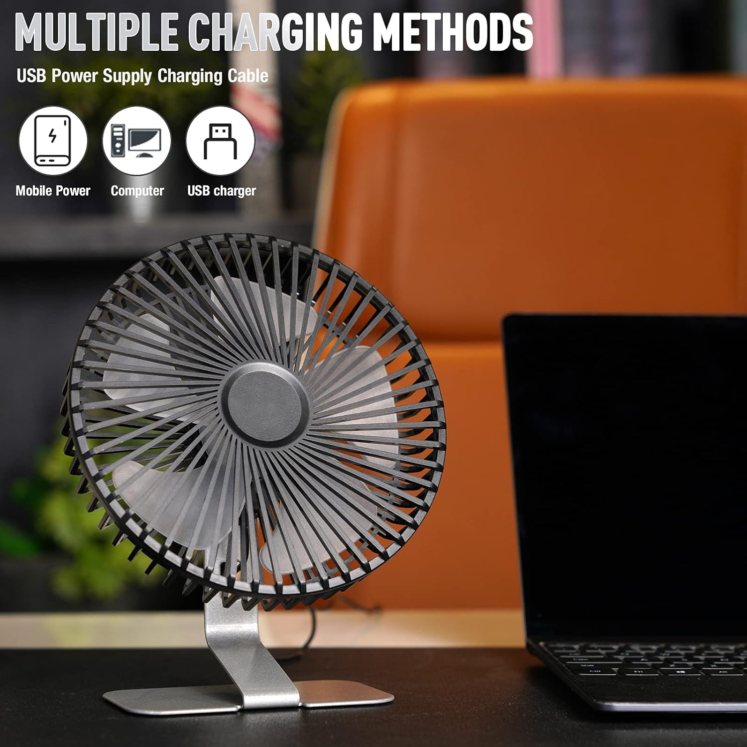 SLENPET USB Desk Fan - 6 Inch Ultra-Quiet Mini Fan with 4 Speeds & 90° Adjustment | Portable Silver Design for Home & Office
