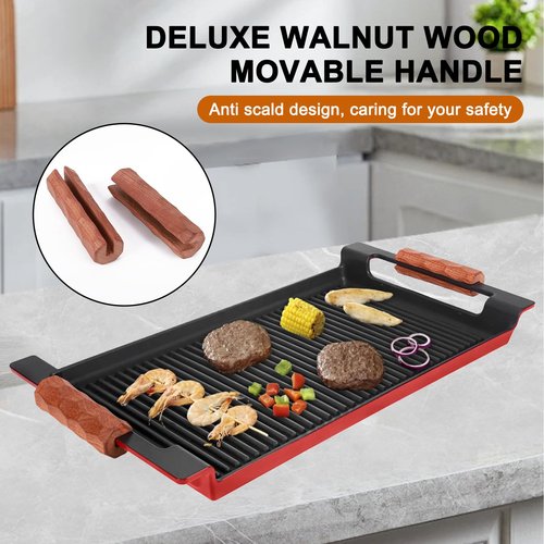 Cast Iron Grill/Griddle Pan with Non-Stick Coating & Grease Groove – Universal Outdoor/Indoor Cooking for Gas Grill, Charcoal BBQ, Camping, Tailgating（17.5X9” with Woody Handles）