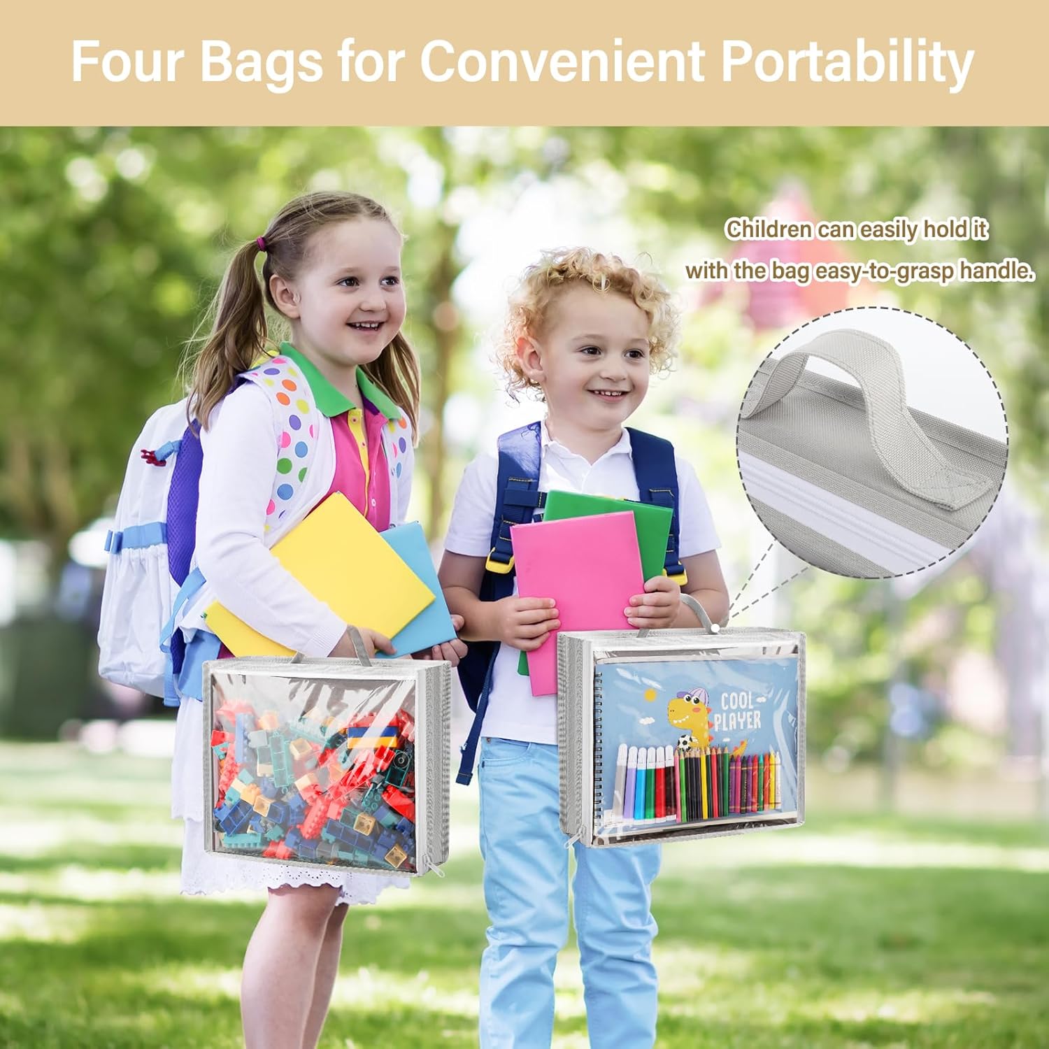 Woodoulogy Hanging Toy Storage - Over Door Stuffed Animal Organizer with 4 Removable Bags | Bi-Fold Closet Holder