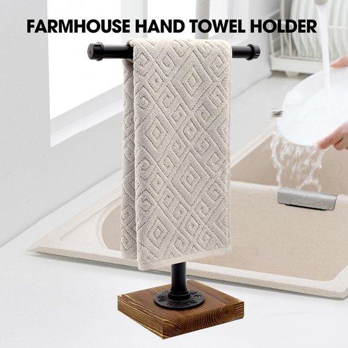 YESSAP Hand Towel Holder, T-Shape Height 13'' Black Hand Towel Holder Stand, Free Standing Hand Towel Holder for Bathroom Countertop, Rustic Brown, TH006