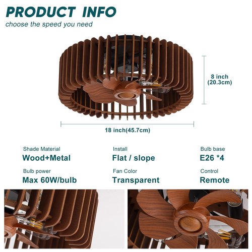 Padxpouo Farmhouse Fandelier Ceiling Fan with Light Flush Mount Caged Ceiling Fans with Light and Remote Wooden Low Profile Bladeless Ceiling Fan for Bedroom, Kitchen,Foyer(Enclosed,6 Speed, Timing)