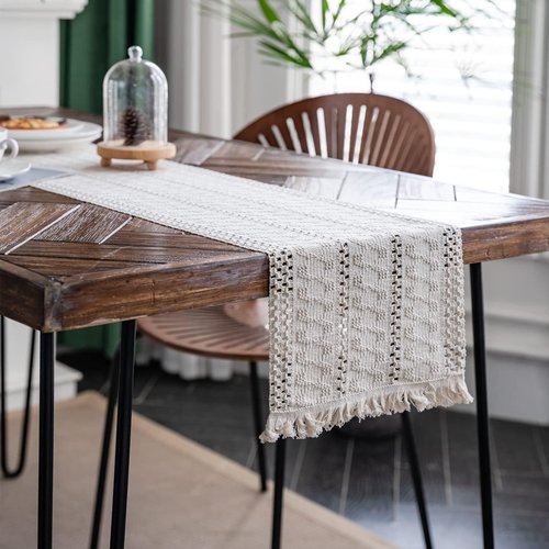 Alynsehom Macrame Table Runner Cream Beige Boho Table Runners with Tassels Hand Woven Cotton Table Runner Rustic Farmhouse Table Runners for Bohemian Kitchen Dining Table(12x60in)