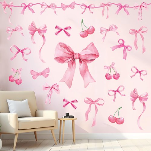 JarThenaAMCS Trendy Pink Bow Wall Stickers Coquette Light Pink Bow Knot Wall Decals Watercolor Room Mural Stickers for Valentine's Day Girls Party Home Bedroom Nursery, 7.9 x 11.8 Inch, 9 Sheets